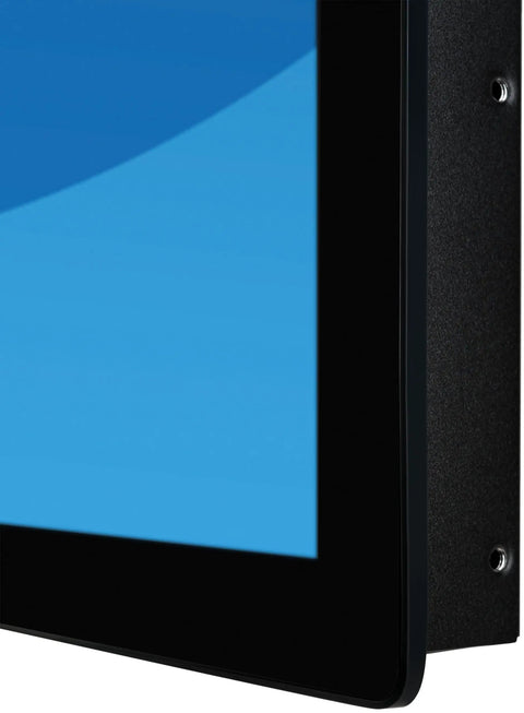 Close-up of Built Different Open Frame Monitor Featuring 30 Point PCAP Touch Screen With Edge To Edge Glass, showcasing sleek design.