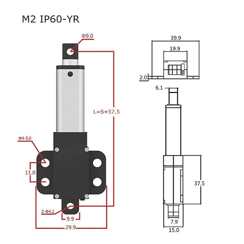 Solid Small Linear Actuator 6V 12V 24V, Lightning Fast 150 Mm Per Sec, 24V 100 Mm Stroke, 15 Kg Load, Compact Electric Motor, Quiet Operation, Durable Gear Drive, Short Circuit Protected, Built To Last, Great For DIY Projects And Home Appliances technical dimension drawing of compact linear actuator