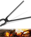 Heavy Duty 12 Inch Mandrel Jaw Tongs for metal shaping, blacksmith tool with steel jaws, shown in action during metal forging.