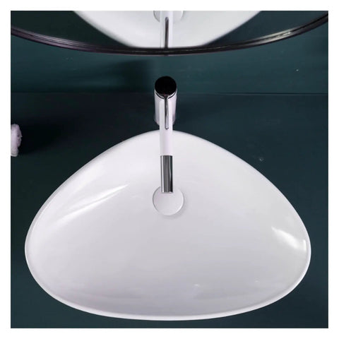 Bathroom Sink Ceramic Art Basin Large Size Creative Triangle Above Counter Basin from a top view on a dark surface.