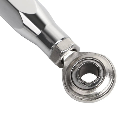 Aluminum Chrome Adjustable Shift Linkage Rod For Harley Dyna Mid Control 1984 To 2017 And Softail 2018 To 2023 Easy Height Tweaks Durable Anodized Shift Lever Upgrade close-up chrome rod end