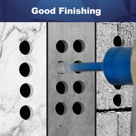 Two-pack vacuum-brazed diamond hole saws, 1/4-inch, for porcelain tile and stone, blue drill in use
