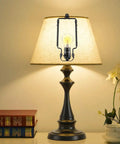 Lamp on wooden stand with adjustable 7 to 10 inch lamp harp kit for standard lamp rod and E26 base all in one fitter heavy duty harp with finial