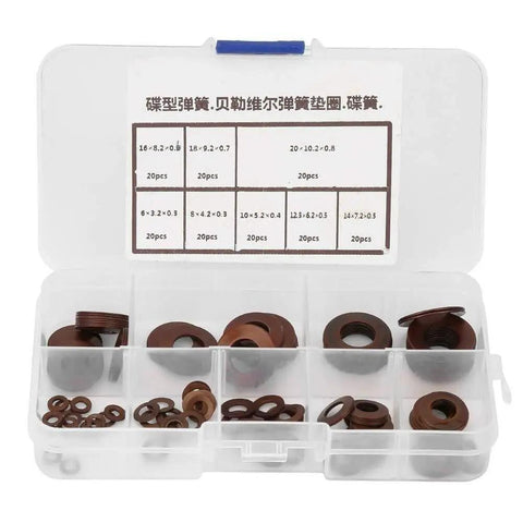 Beefy Eight Types Belleville Compression Spring Disc Washer Gasket Kit Tailored Heavy Duty Short Stroke Easy Mix And Match Combo For Variable Stiffness High Performance Saving Big Bucks On Quick Repairs Keeping Costs Low For Hard Jobs Done Daily, 160-piece steel set in plastic case