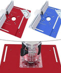 Shop Ready Top Shelf Router Table Inserts Rustproof Aluminum Milling Flip Plates in red and blue, 240x200 mm for precision woodworking.