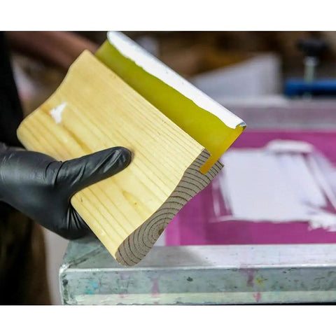 White Plastisol Screen Printing Ink, Fast Cure At 270F, 32oz Quart being spread on screen with squeegee, USA Made