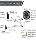 Installation diagram for Universal 7 Inch Slim Radiator Cooling Fan, includes wiring and connection details.