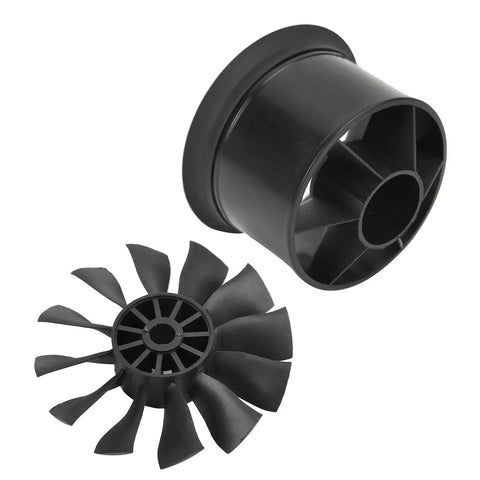 High Performance 50mm Ducted Fan for RC Jets and EDF Aircraft With 12 Blade Prop Kit Beefed Up Injection Molded Housing for Quadcopter DIY Projects Includes 39mm Body 63mm Mouth and 54mm Inner Diameter, showing separated 12-blade fan and housing