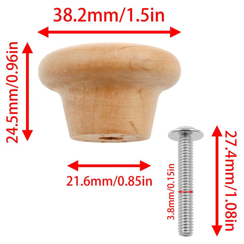 Four Pack Wooden Drawer Handles Set For Dressing Tables Pine Wood Knobs Cabinet Handles 35mm Diameter shown with screw dimensions