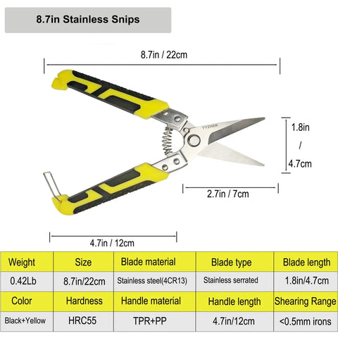 Eight Point Seven Inch Aviation Tin Snips For Heavy Duty Metal Cutting With Stainless Steel Blades And Ergonomic Grips, Serrated Edges
