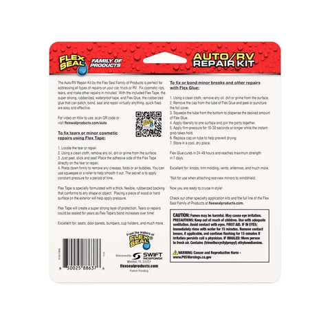Back packaging of Auto And RV Repair Kit With Waterproof Rubberized Tape And Glue, product instructions visible.