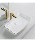 USZWBY Bathroom Vessel Sink Modern Ceramic Vessel Bowl Sink in Decor Golden Top Mount Bathroom Sinks Above Counter Rectangle Vanity Countertop Sink Bowl, WHI viewed from above with golden faucet.