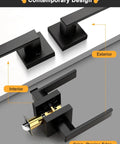 Square Black Interior Door Handle Set No Lock Passage Lever for Left or Right Handed Doors, matte black design, close-up view