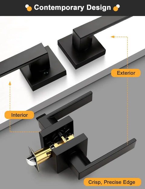 Square Black Interior Door Handle Set No Lock Passage Lever for Left or Right Handed Doors, matte black design, close-up view