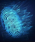 Digital fingerprint representation with blue lines and abstract patterns relating to smart video door lock security.