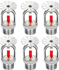 Built Tough 6 Piece Pendent Fire Sprinkler Heads 3/4 Inch 155 Degree Quick Response Brass Bodies With NPT Thread For Zero Trouble Coverage In Any Home Or Commercial Job Site - Six brass sprinkler heads showing red fluid and chrome finish.
