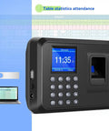 Fast Fingerprint Time Clock For Small Biz With Waterproof Sensor That Snaps Up Wet Or Dry Prints Quick, showing blue LCD, buttons and fingerprint scanner.
