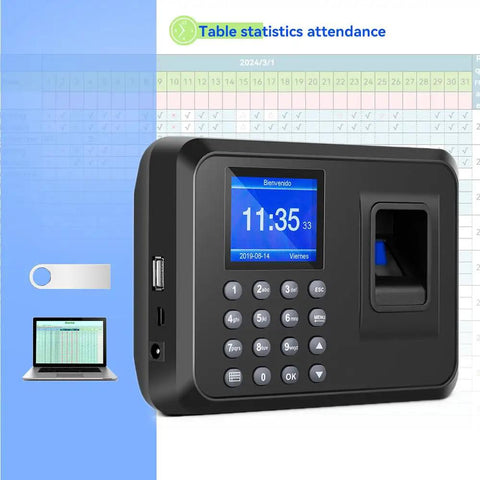 Fast Fingerprint Time Clock For Small Biz With Waterproof Sensor That Snaps Up Wet Or Dry Prints Quick, showing blue LCD, buttons and fingerprint scanner.