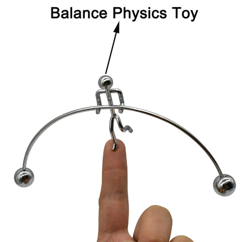 Balance Physics Desk Toy Kinetic Weightlifter Steel Man Figure balancing on finger, showcasing Newtonian Tumbler design.