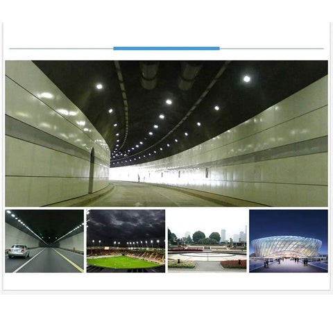 Tough As Nails 168 Watt LED Flood Light illuminating a tunnel and various outdoor scenes for safety and visibility.