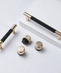 Gold And Black Knurled 5 Inch Center Bar Cabinet Pulls Set Of 10 Aluminum Handles for Brushed Gold Drawers, shown with matching knobs.