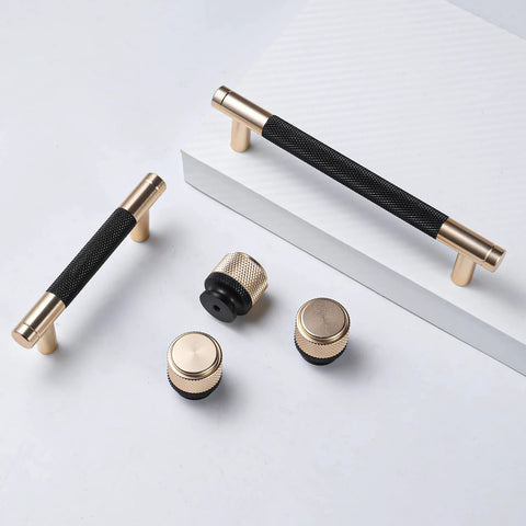 Gold And Black Knurled 5 Inch Center Bar Cabinet Pulls Set Of 10 Aluminum Handles for Brushed Gold Drawers, shown with matching knobs.