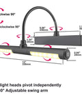 Diagram of Wireless Picture Light 13 Inch Battery Powered With Remote And Timer showing dimensions and adjustable swing arm