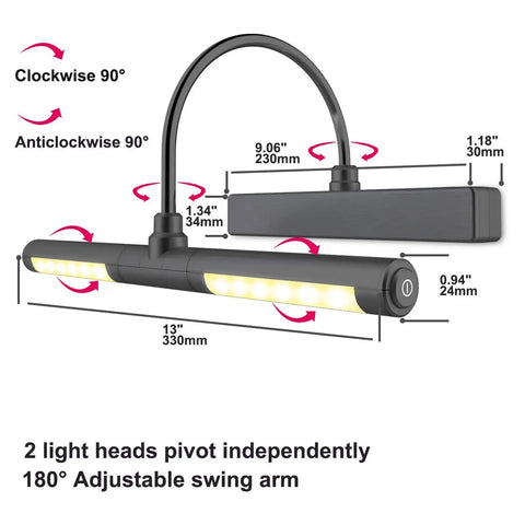 Diagram of Wireless Picture Light 13 Inch Battery Powered With Remote And Timer showing dimensions and adjustable swing arm