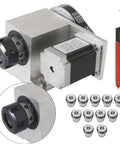 Heavy Duty Fourth Axis Rotary Cnc Kit Paired With 57 Stepper Motor And 11 Er32 Collets showing motor, collets, and tool for assembly.
