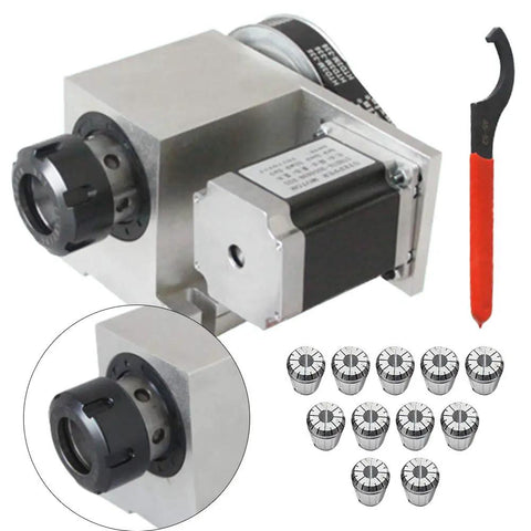 Heavy Duty Fourth Axis Rotary Cnc Kit Paired With 57 Stepper Motor And 11 Er32 Collets showing motor, collets, and tool for assembly.