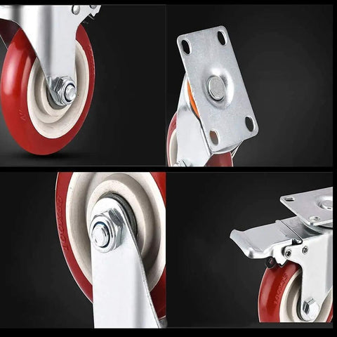 Heavy Duty Polyurethane Caster Wheels With Brakes Smooth As Butter Furniture Rollers close-up of red wheel and metal mounting plate.