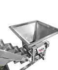 Rugged 220V 1 Phase Bucket Elevator Material Conveyor With 94 Point 5 Inch Lift Height And 400W Motor, sloped stainless steel hopper.
