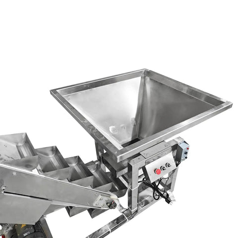 Rugged 220V 1 Phase Bucket Elevator Material Conveyor With 94 Point 5 Inch Lift Height And 400W Motor, sloped stainless steel hopper.