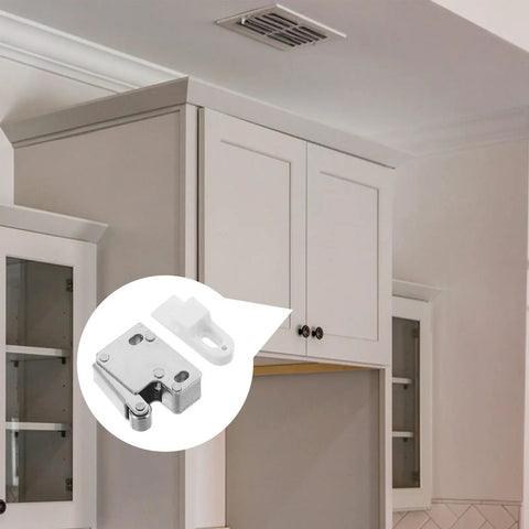 Kitchen cabinet with 2 Pack Kitchen Cabinet Door Catch Latch, Stainless Steel Roller Lock With Soft Closing in foreground.