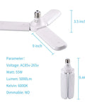 Beast Mode Bright 5000 Lumen 6500K Deformable LED Garage Light With E27 Base, 55W bulb, dimensions shown, white, non-dimmable.