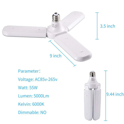 Beast Mode Bright 5000 Lumen 6500K Deformable LED Garage Light With E27 Base, 55W bulb, dimensions shown, white, non-dimmable.