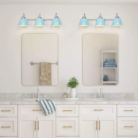 Blue Metal Shade Three Light Vanity Light With Brushed Nickel Finish Over Mirror For Bathroom, 21.5 Inch, Modern Farmhouse Vibe