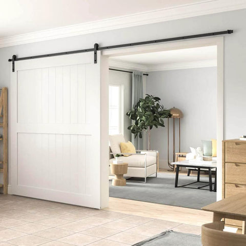 Black Straight Design Sliding Barn Door Hardware Kit for Single Wood Door, Track System with Roller, installed view