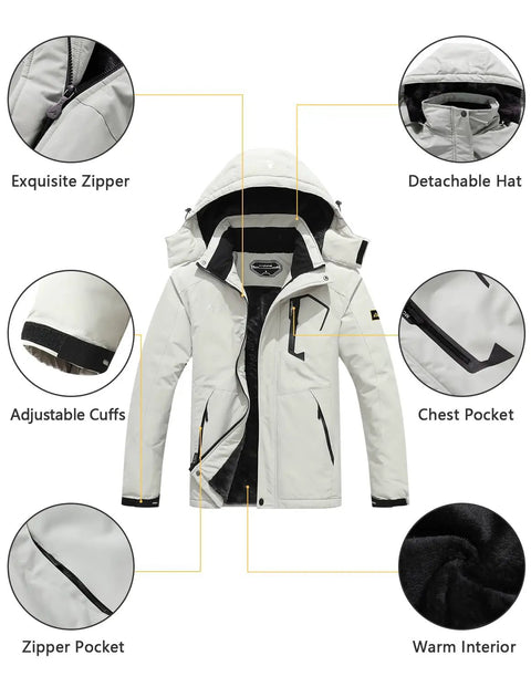 Hooded Waterproof Winter Ski Jacket For Men With Fleece Lined Interior Warm Snow Coat For Snowboarding Hiking Travel Windproof Mountain Gear featuring features like detachable hood, adjustable cuffs, exquisite zipper, chest pocket, zipper pocket, and warm interior