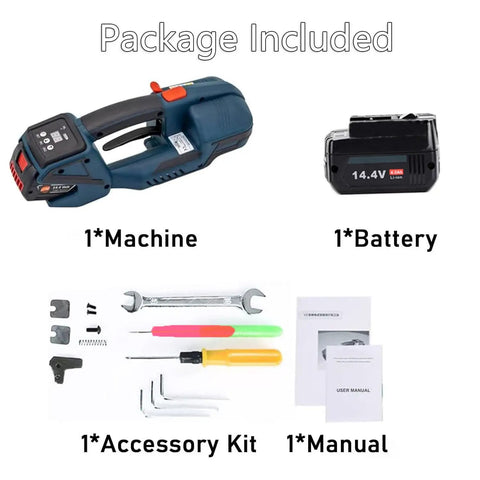 Portable Automatic Electric Strapping Machine With Lcd Screen For Hot Melting Strap Tool Ideal For Packaging Boxes And Pallets High Efficiency Handheld Baler Alternative Saves Time And Effort On The Job Site, showing included battery and accessory kit.