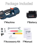 Slick Handheld Electric Strapping Machine With Sharp Lcd Display Portable Automatic Hot Melting Tool For Fast Box And Pallet Packing Jobs No Hassle Heavy Duty Plastic Strap Baler Tool package contents, includes machine, battery, accessory kit, and manual.