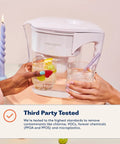 Water Filter Pitcher That Kicks Contaminants To The Curb, Removing Lead, Chlorine, Microplastics, PFOA PFOS, 20x More Contaminant Removal shown on a table with two glasses.