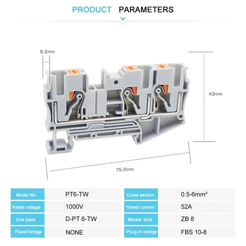 10 Pack Of Durable Gray Push In Din Rail Terminal Blocks Featuring Tool Free Quick Connect Three Wire Contacts For Zero Hassle Cable Splicing And Top Shelf Panel Upgrade Swaps dimensions displayed with technical specifications.