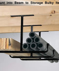Overhead Garage Storage Hooks Rack Ceiling Mounted Heavy Duty Utility Hooks Ladder Hangers For Pipe Lumber Fishing Rod Ski Board 4 Pack Black Beefy Sturdy Premium Tubular Steel Construction For Maximum Load Holds Up To 80 Pounds installed on beam