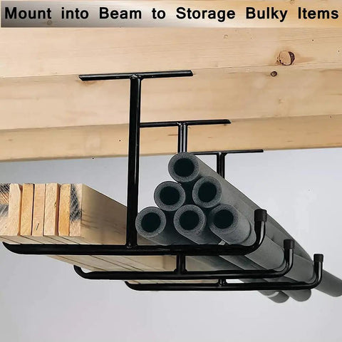 Overhead Garage Storage Hooks Rack Ceiling Mounted Heavy Duty Utility Hooks Ladder Hangers For Pipe Lumber Fishing Rod Ski Board 4 Pack Black Beefy Sturdy Premium Tubular Steel Construction For Maximum Load Holds Up To 80 Pounds installed on beam
