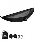 Ultra Lightweight Camping Hammock With 500 Lb Capacity And Tree Straps displayed with components for outdoor use