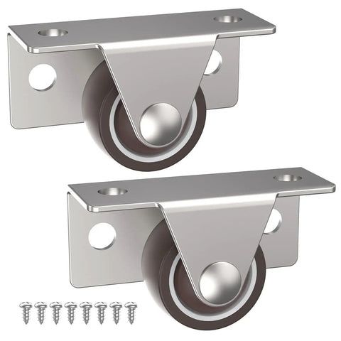 Heavy Duty One Inch Low Profile Side Mount Caster Wheels With Solid Rubber Fixed Rollers For Wooden Furniture Cabinets And Drawers, close-up view with screws.