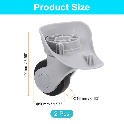 2 Pieces Luggage Wheel Replacement Kit for Suitcase Trolley Wheels Grey with size details, 91mm height, 50mm diameter
