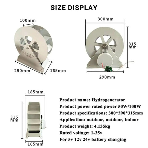 Hydroelectric Turbine Generator Low-Speed Water Wheel For Outdoor Lighting 100W Compact Power size display dimensions