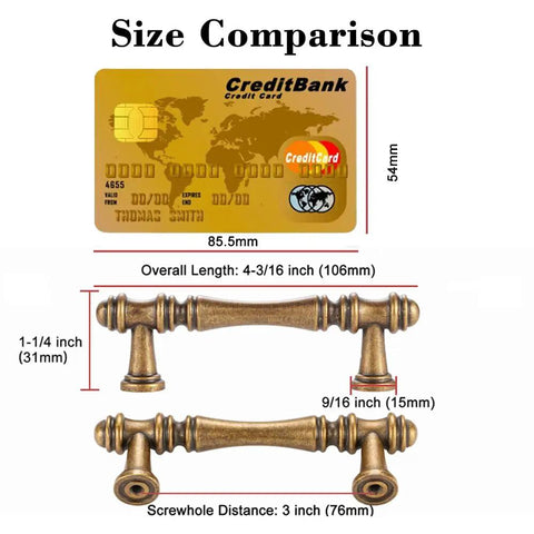 Size comparison of 30 Pack 3 Inch Antique Brass Cabinet Pulls Set For Kitchen Cabinets, Drawers, Dressers And Cupboards with credit card
